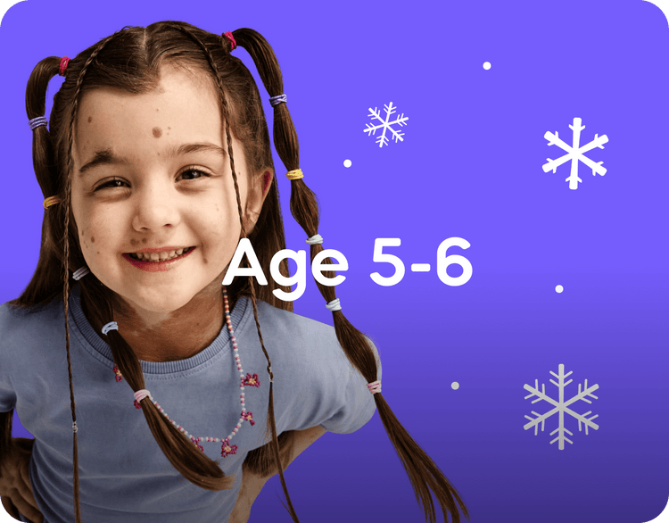 Young girl with pigtails on a purple background with snowflakes and 'Age 5-6' text