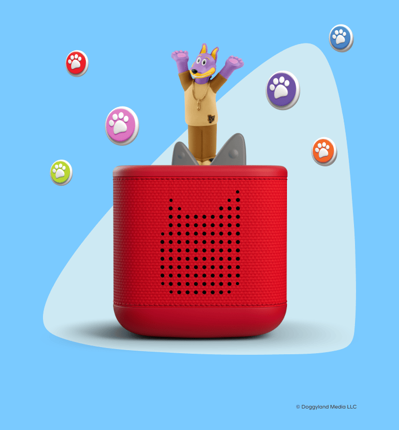 Red Toniebox 2 with a Doggland Tonie on top with paw prints around it