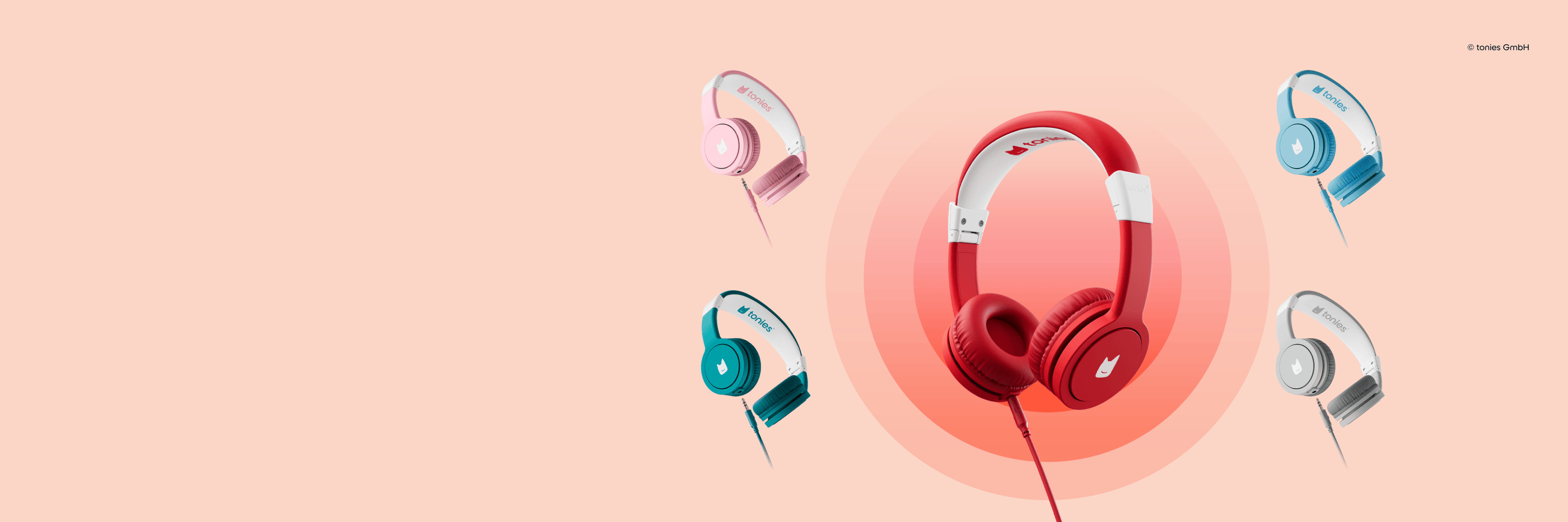 tonies pink, teal, red, blue, and grey headphones built for little listeners on a peach background