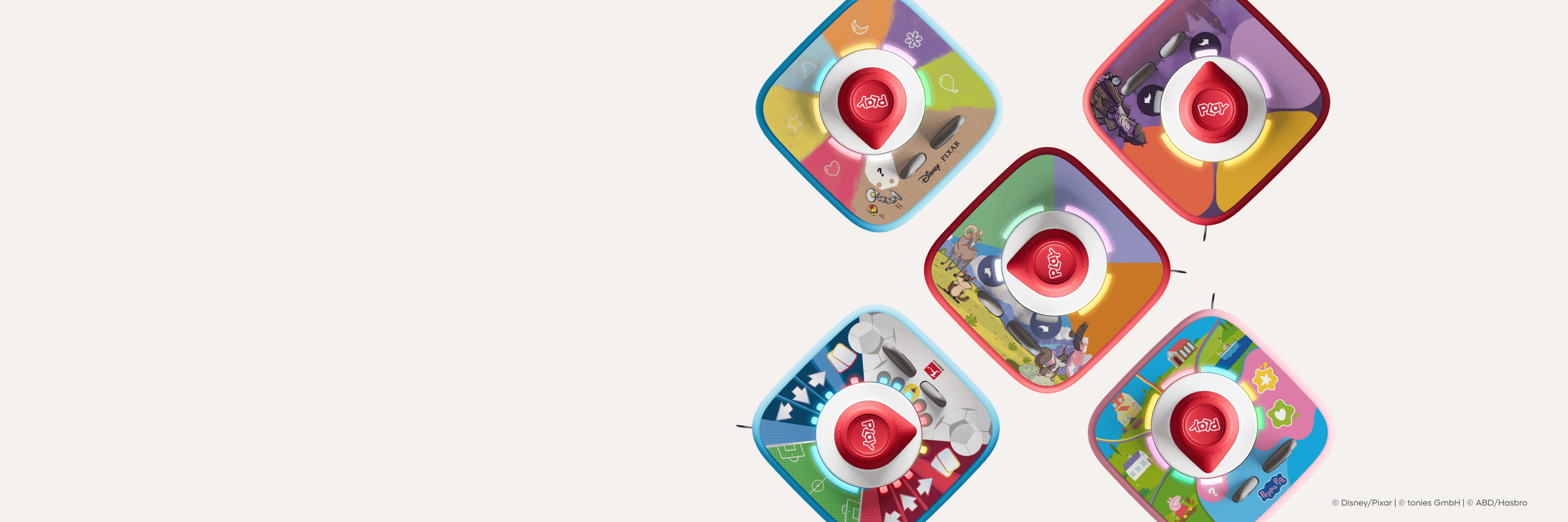 Top view of 5 Tonieplay games with controllers on Toniebox 2s