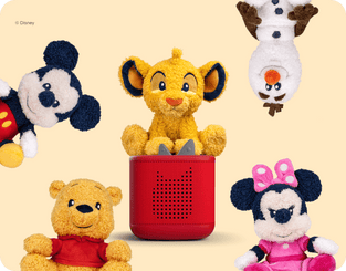 Simba Cuddle Tonie sitting on a red Toniebox 2 with the Mickey, Olaf, Winnie the Pooh, and Minnie Cuddle Tonies around it.