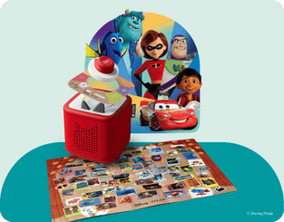 Red Toniebox 2 with a Tonieplay game and controller floating above it with Disney and Pixar characters in the background