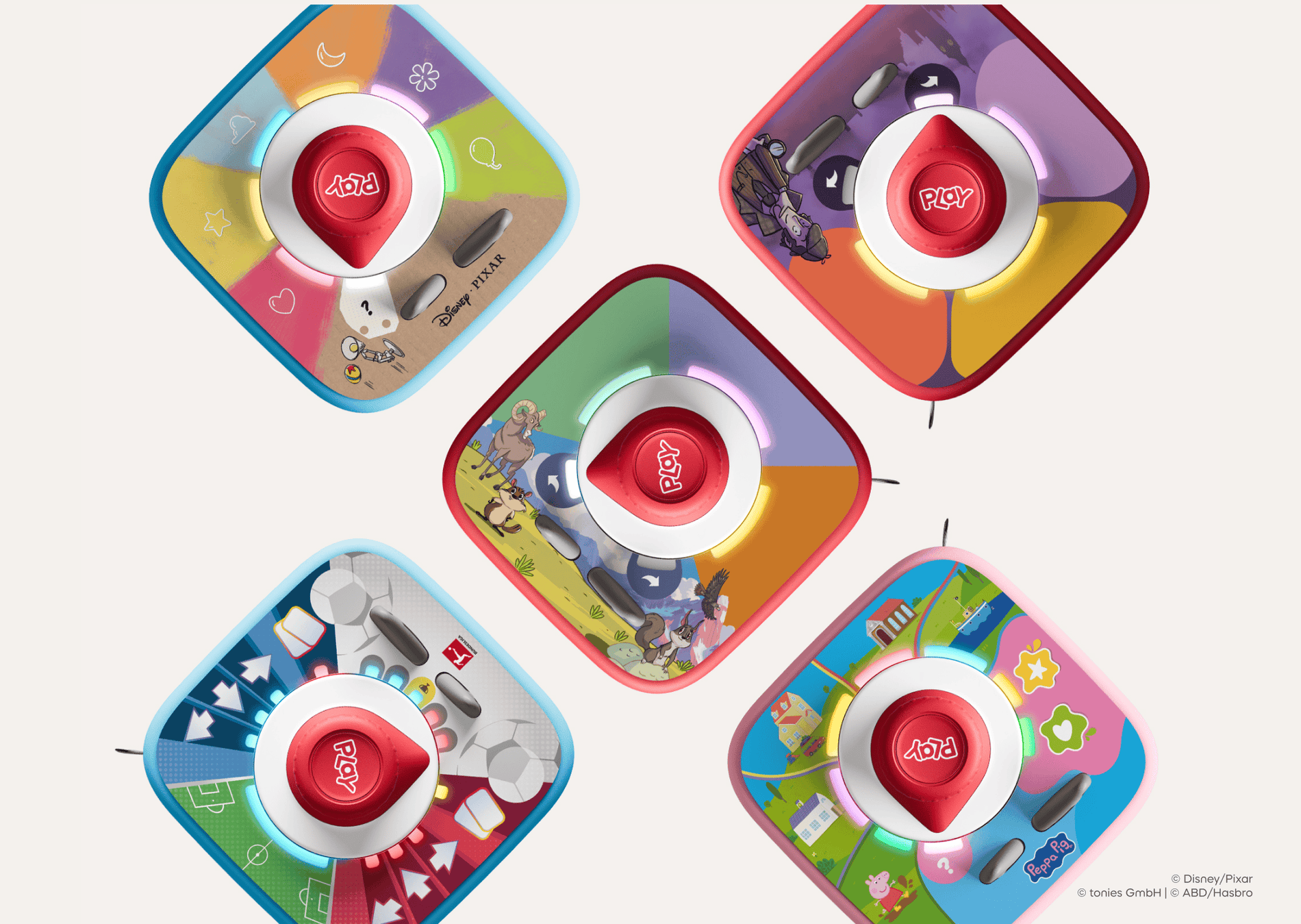 Top view of 5 Tonieplay games with controllers on Toniebox 2s