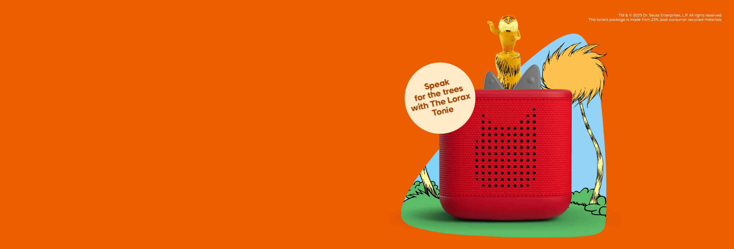 Lorax Tonie on a red Toniebox 2 with a text bubble 'Speak for the trees with the Lorax Tonie'
