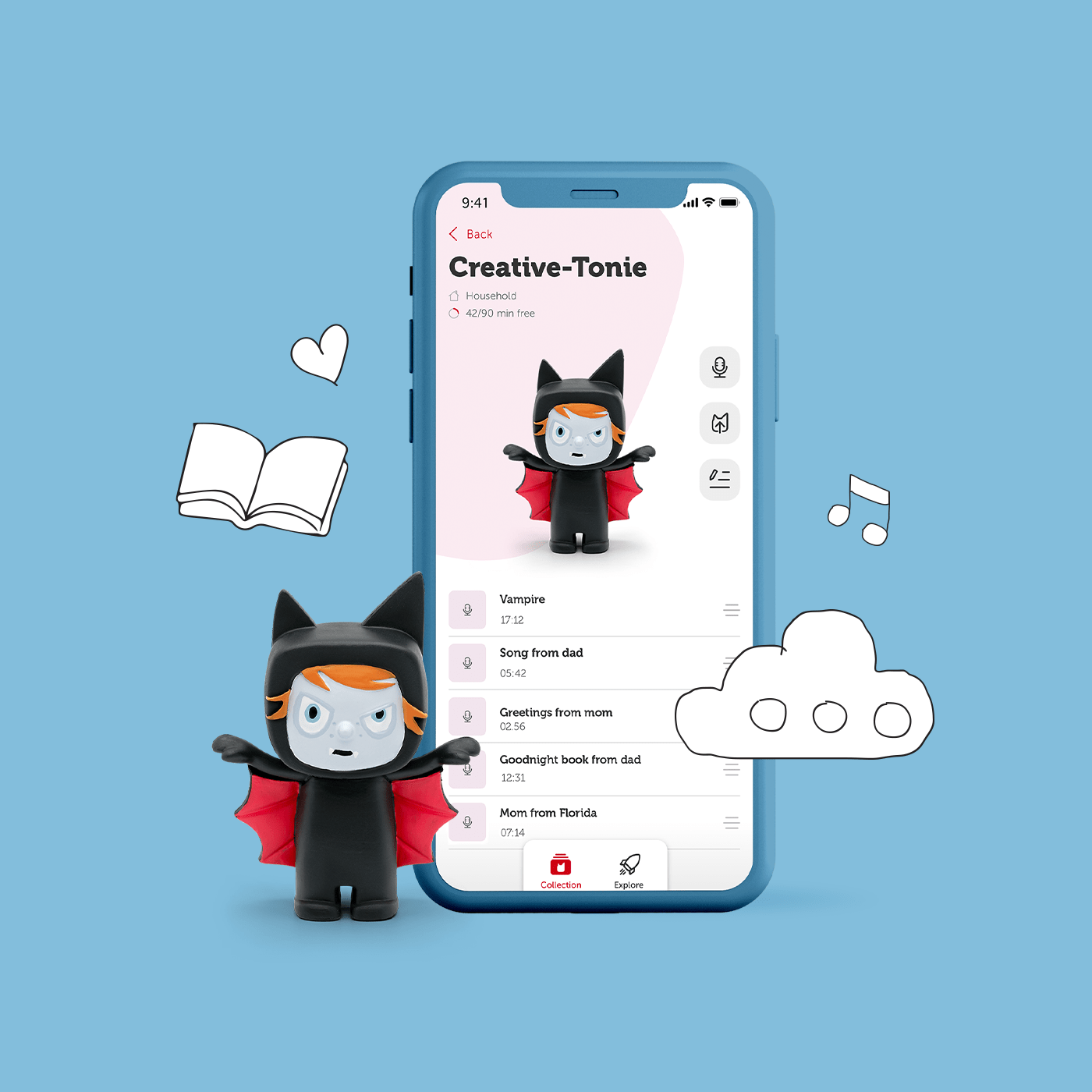 Vampire creative tonie next to a smartphone with the tonies app visible