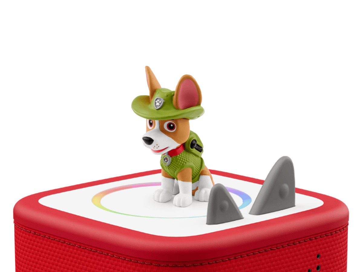 PAW Patrol Tracker Tonie on a red Toniebox 2 ready to play audio stories and songs