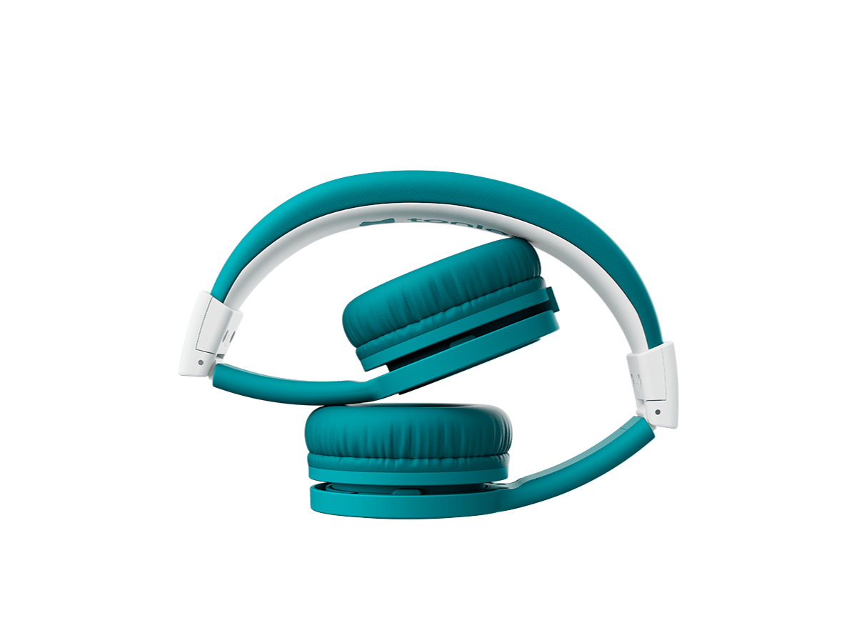 teal bluetooth headphones for kids in a folded position
