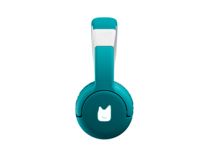 Side view of the teal bluetooth headphones for kids with pulsating light illuminated