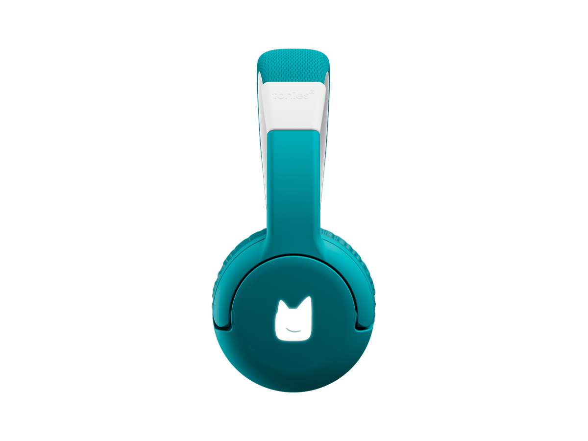 Side view of the teal bluetooth headphones for kids with pulsating light illuminated