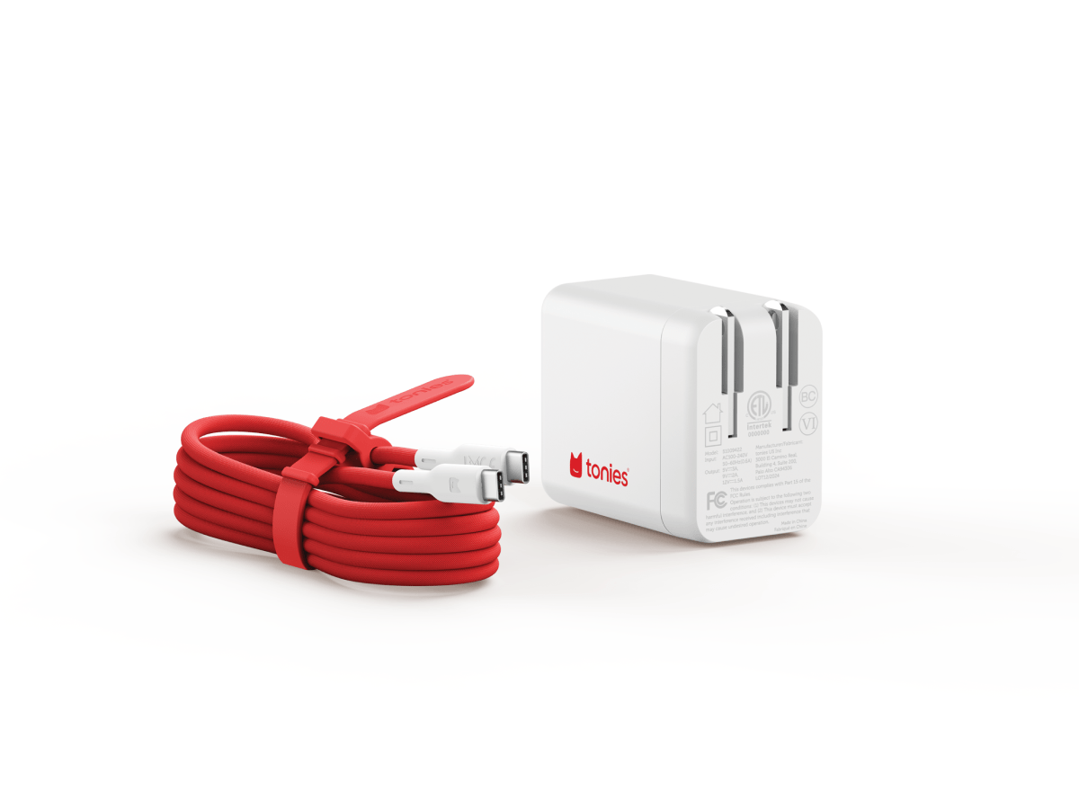 USB-C red chord Toniebox 2 charger with white converter block showing prong side