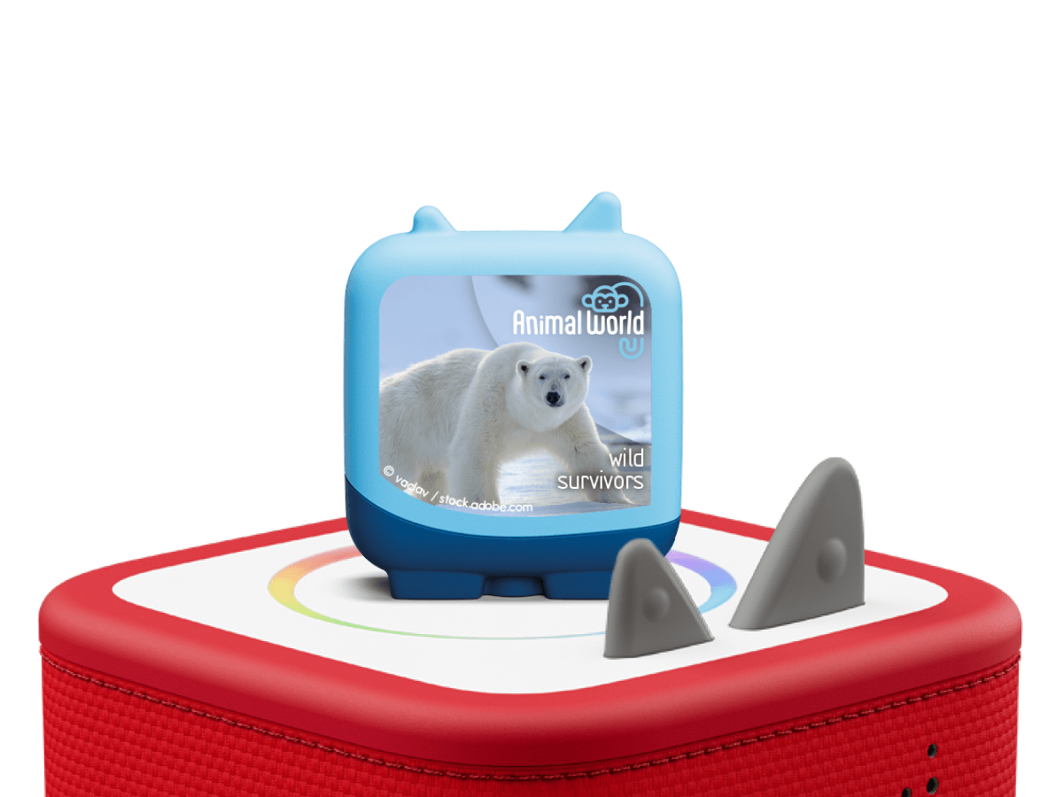 Animal world wild survivors on a red Toniebox 2 ready to play audio stories and songs