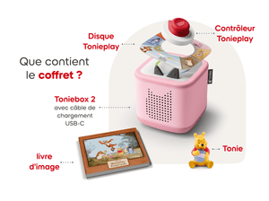 What’s in the bundle? Pink Toniebox 2, tonieplay controller, Winnie the Pooh tonie and tonieplay game and USC-C charging cable
