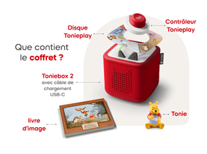 What’s in the bundle? red Toniebox 2, tonieplay controller, Winnie the Pooh tonie and tonieplay game and USC-C charging cable