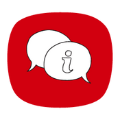 Red square with white speech bubbles containing an 'i' symbol