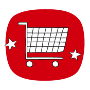 White shopping cart icon on a red background with white stars