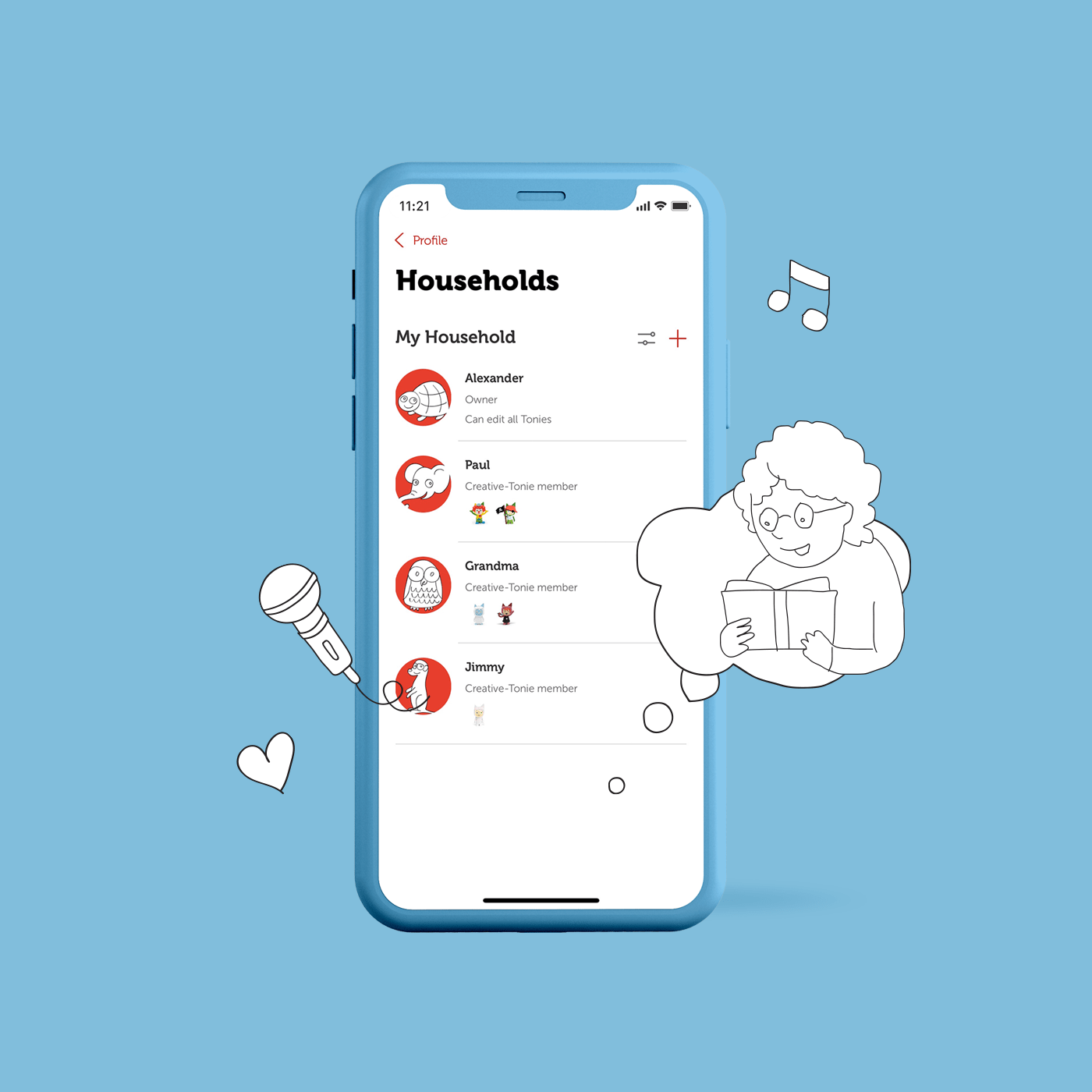 smartphone with an image of the tonies app household screen