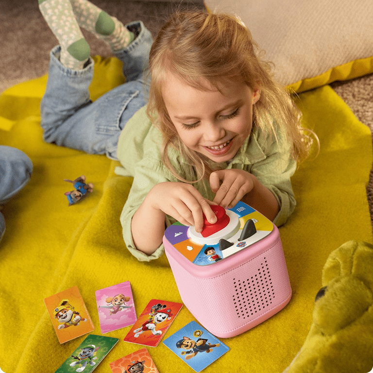 child playing PAW Patrol Tonieplay game on a pink Toniebox 2