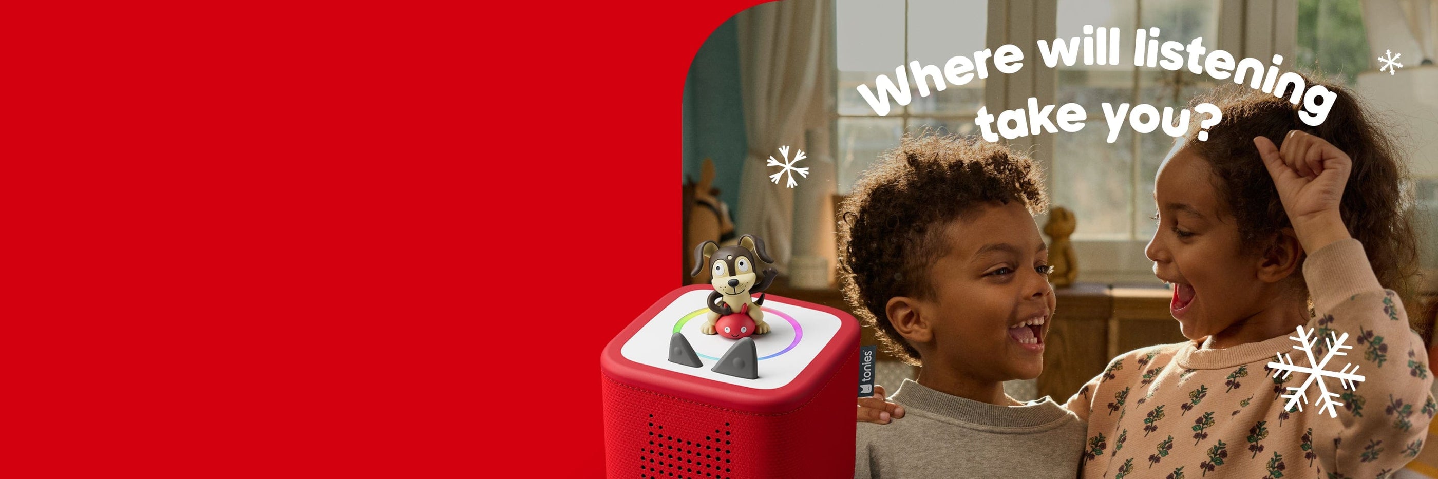 two kids laughing with a red Toniebox 2 and Playtime Puppy Tonie with text Where will listening take you?