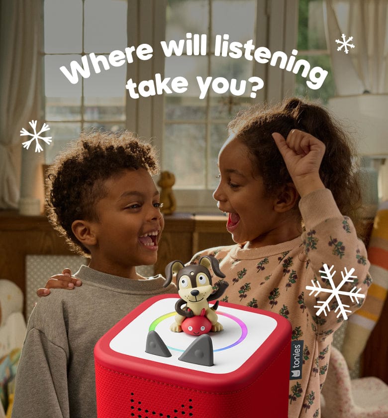 two kids laughing with a red Toniebox 2 and Playtime Puppy Tonie with text Where will listening take you?