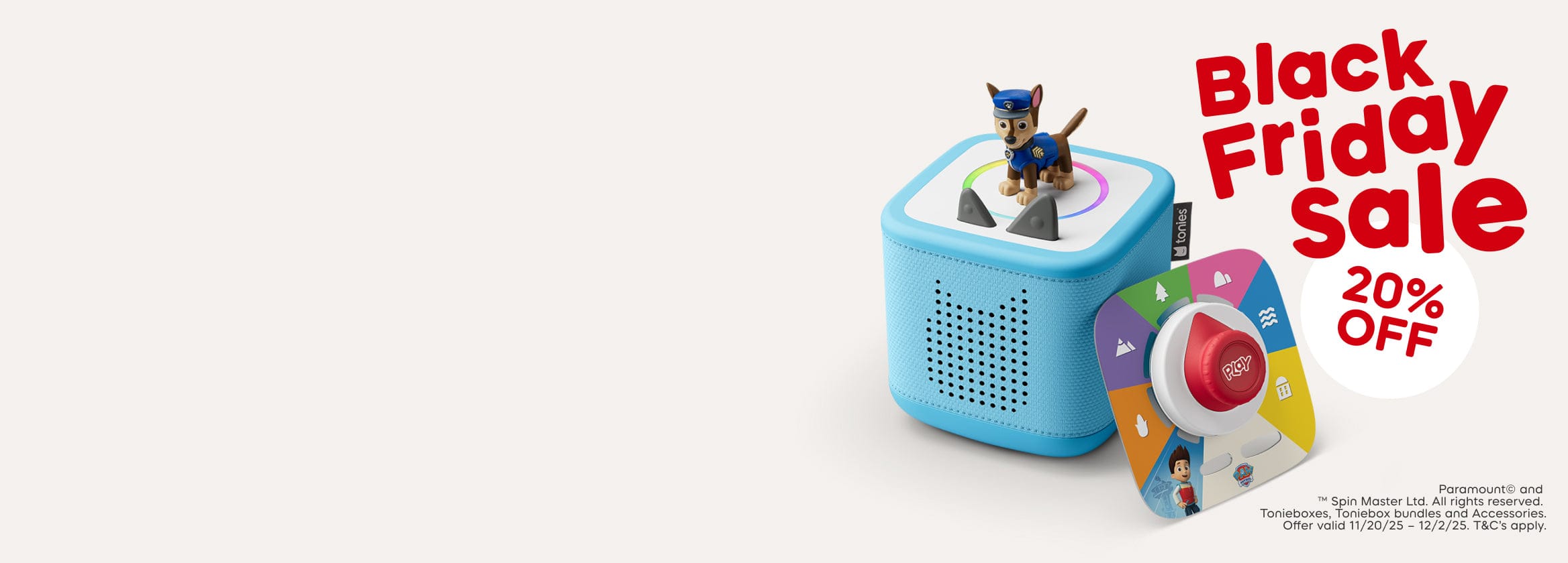 Blue Toniebox 2 with Tonies and Tonieplay Game with text "Black Friday 20% Off"