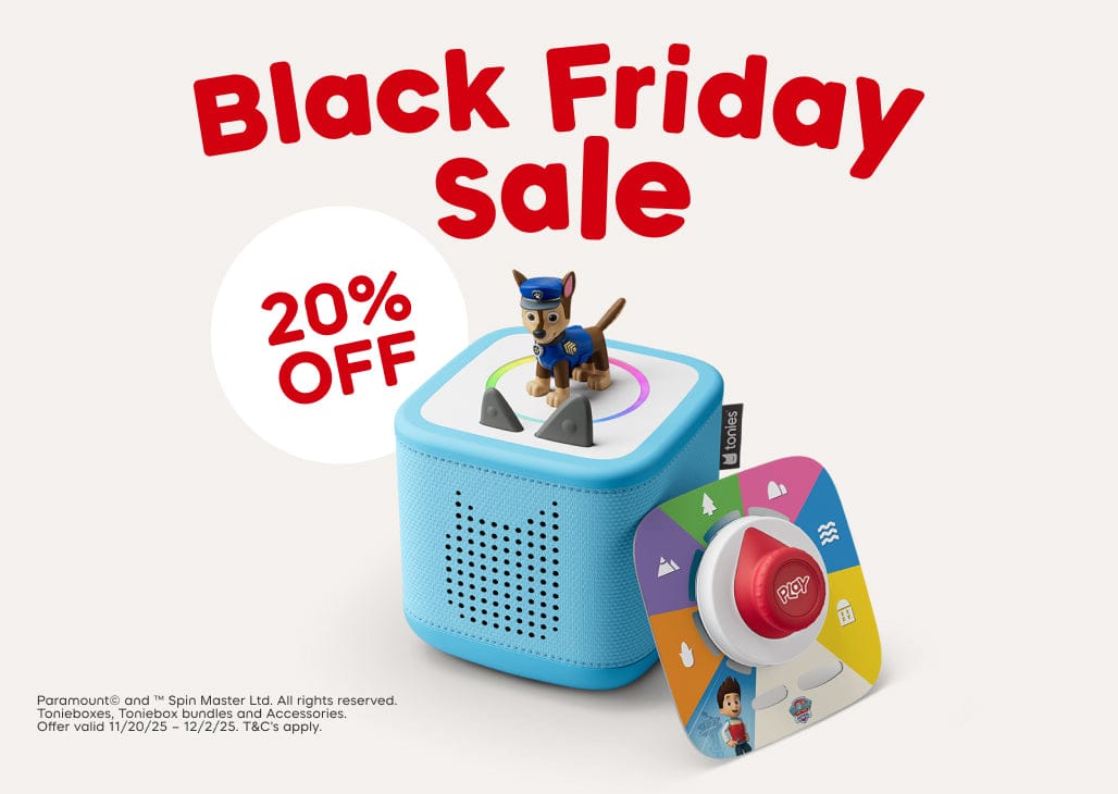 Blue Toniebox 2 with Tonies and Tonieplay Game with text "Black Friday 20% Off"